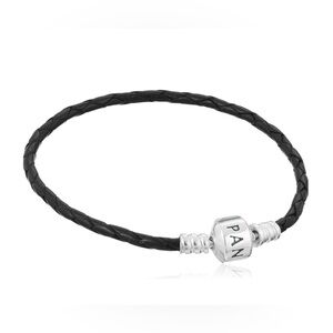 Pandora Black Braided Leather Bracelet With Silver Logo Clasp